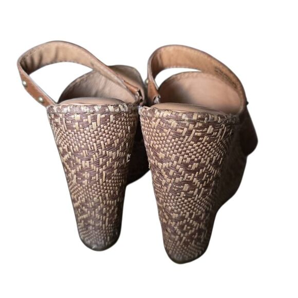 Born Women's Size 7 Brown Studded 3 Strap Patterned Espadrille Heeled Wedges - Picture 5 of 6